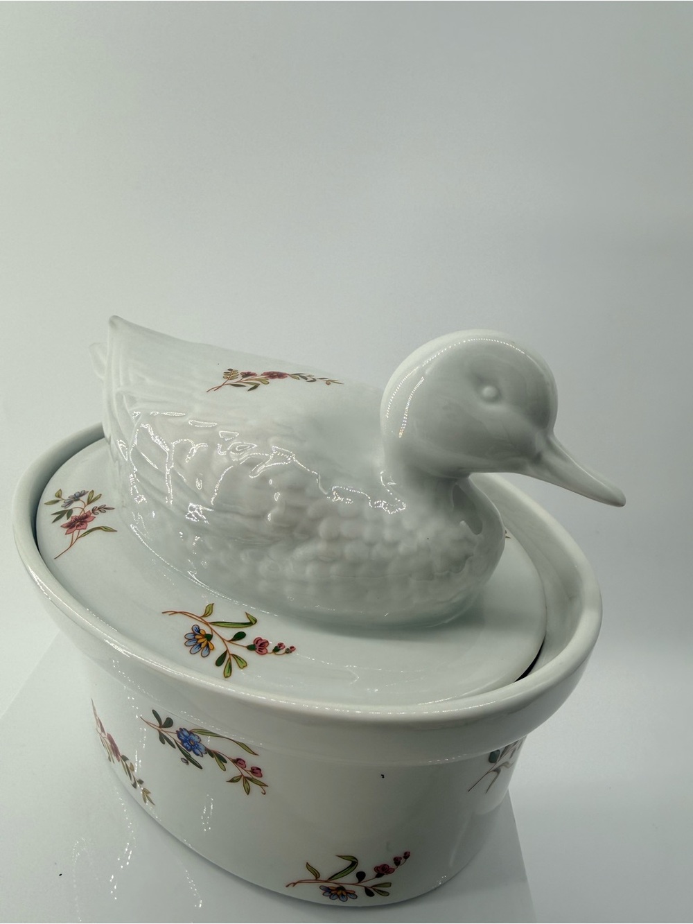 White Porcelain Duck Butter Dish with Floral Accents